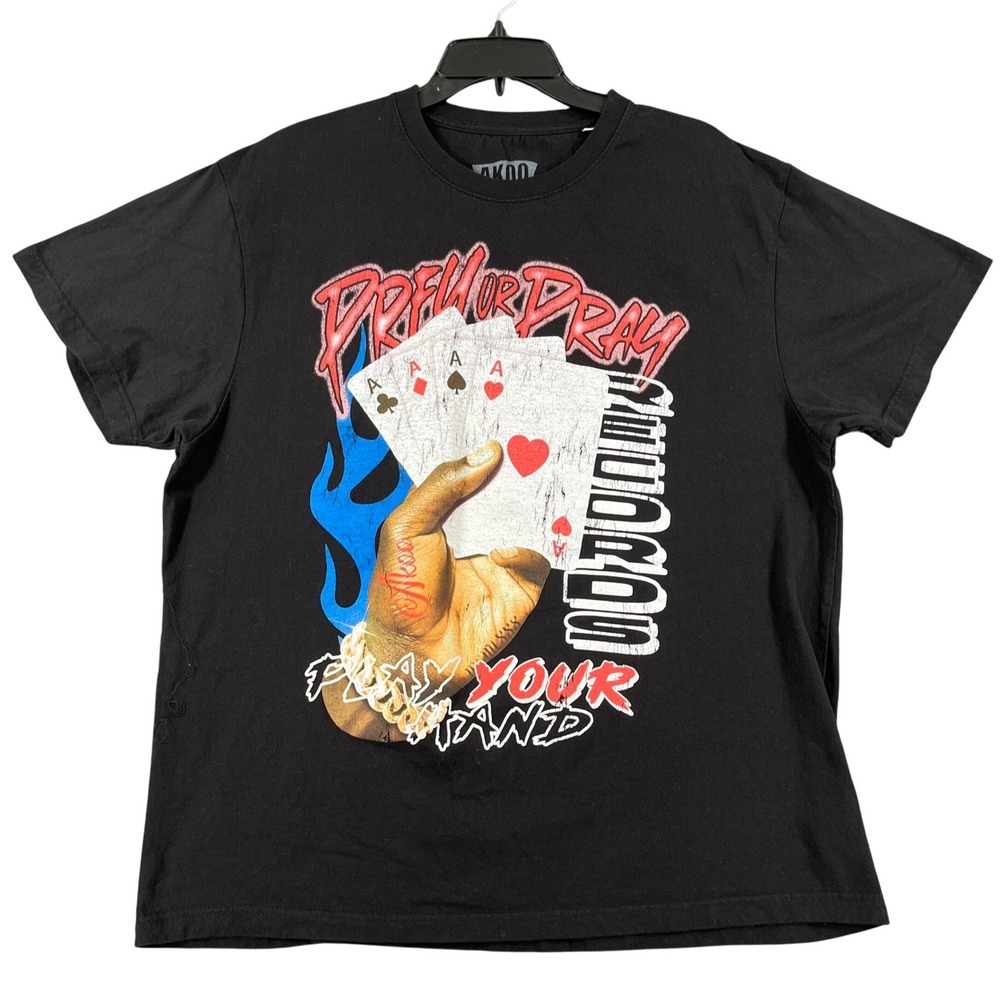 AKOO Pray or Play Records T Shirt Men 3XL Playing Cards Graphic Black Streetwear